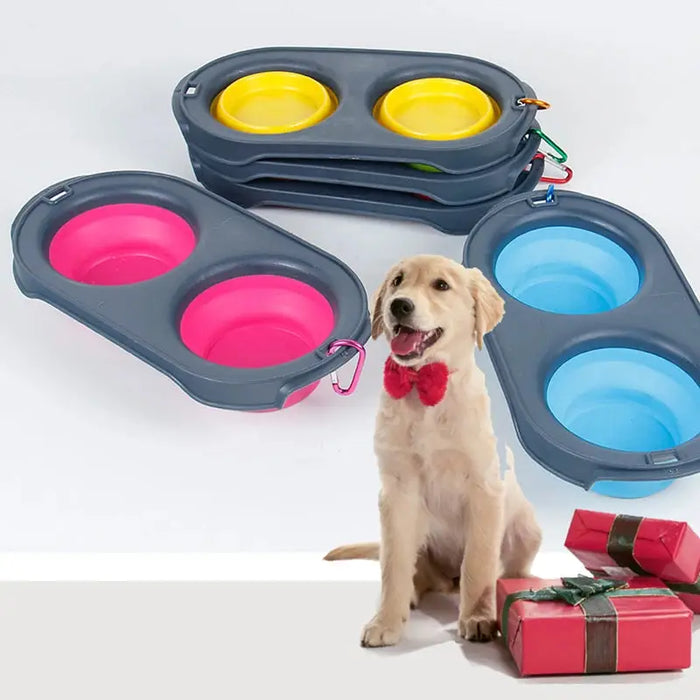 Portable Pet Travel Retractable Dog Food Double Bowl