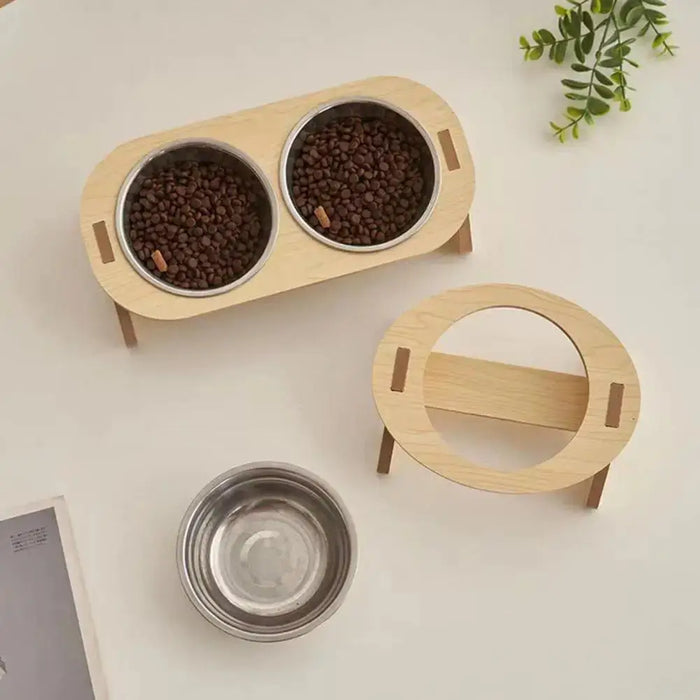 Single/Double Cat Stainless Steel Food Bowls Wooden