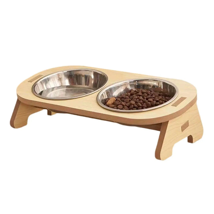 Single/Double Cat Stainless Steel Food Bowls Wooden