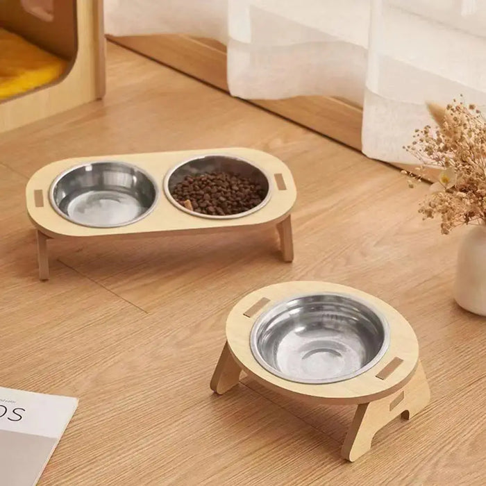 Single/Double Cat Stainless Steel Food Bowls Wooden