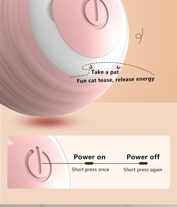 Close-up of pink interactive cat toy with power button instructions. Short press to turn on or off, designed for easy feline interaction.