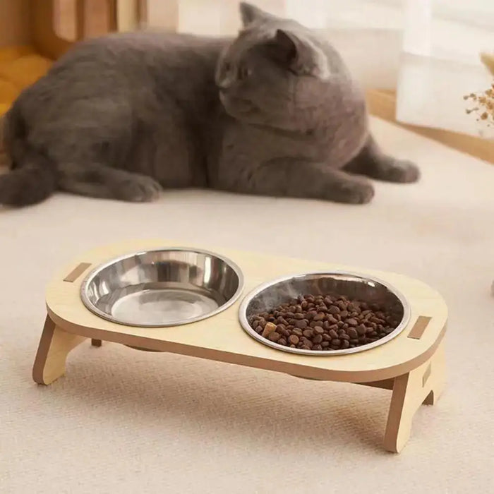 Single/Double Cat Stainless Steel Food Bowls Wooden