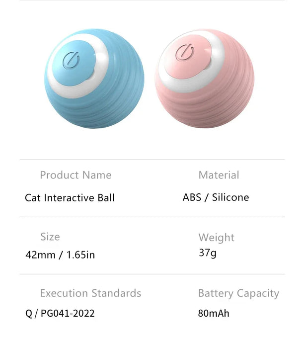 Product information for the interactive cat toy. Made of ABS and silicone, 42mm in size, 37g weight, and 80mAh battery capacity.