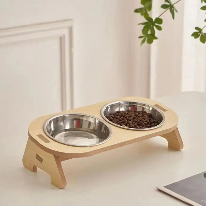 Single/Double Cat Stainless Steel Food Bowls Wooden